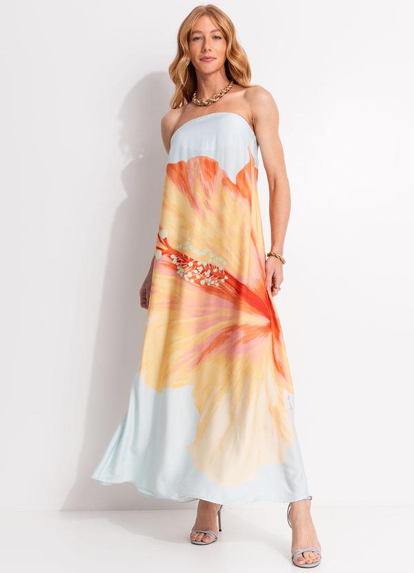 Farm - Vestido Longo sem Alças Vestida de Flor Azul