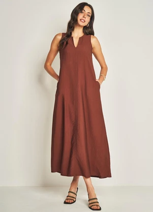 Doce Trama - Vestido Longo sem Manga em Viscoflow Marrom - DOCE TRAMA