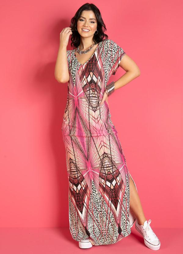 Quintess - Vestido Longo Soltinho com Fenda Abstrato Bordô