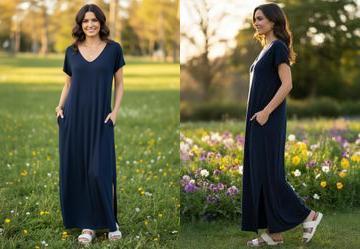 Vestido Longo Soltinho com Fenda Azul