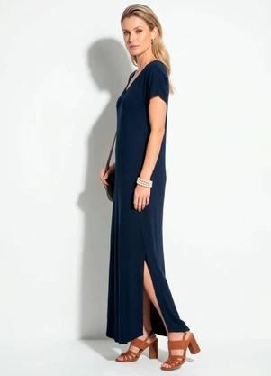 Quintess - Vestido Longo Soltinho com Fenda Azul - QUINTESS
