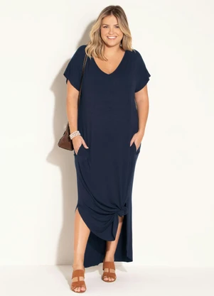 Quintess - Vestido Longo Soltinho com Fenda Azul - QUINTESS