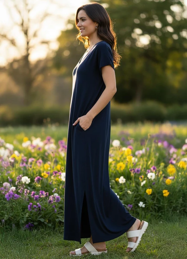 Quintess - Vestido Longo Soltinho com Fenda Azul 5