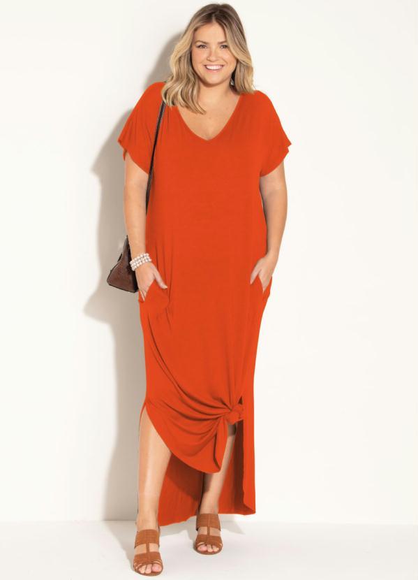 Quintess - Vestido Longo Soltinho com Fenda Laranja 3