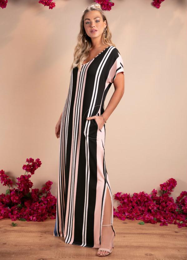 Quintess - Vestido Longo Soltinho com Fenda Listras Rosa