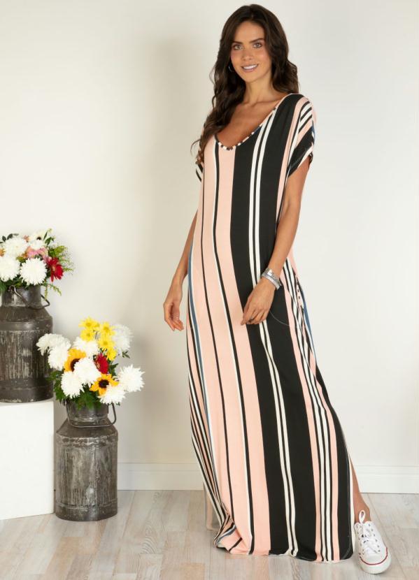 Quintess - Vestido Longo Soltinho com Fenda Listras Rosa 2