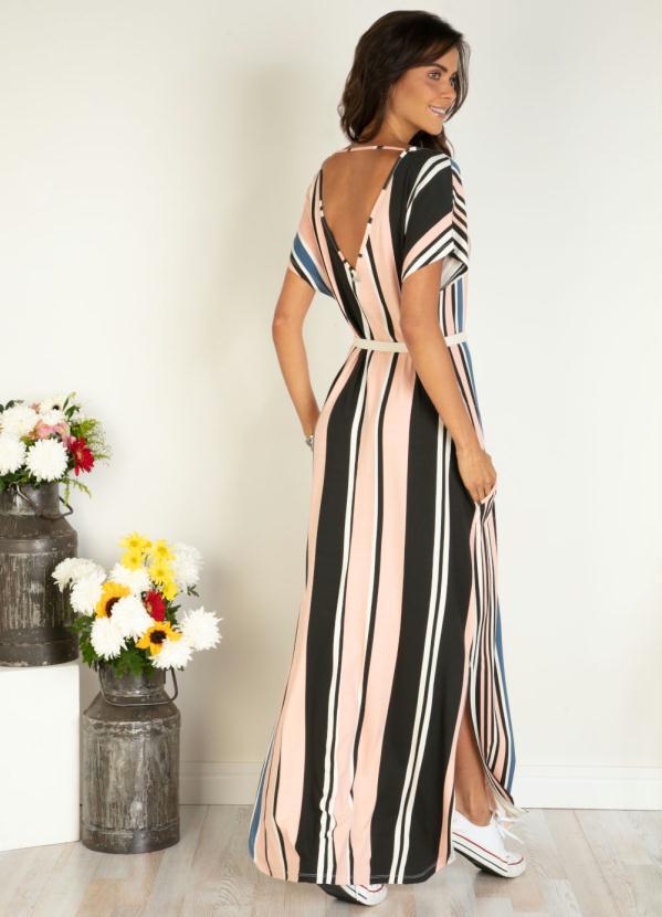 Quintess - Vestido Longo Soltinho com Fenda Listras Rosa 3