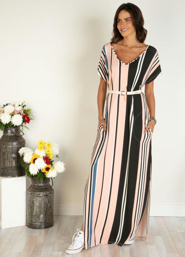 Quintess - Vestido Longo Soltinho com Fenda Listras Rosa 4