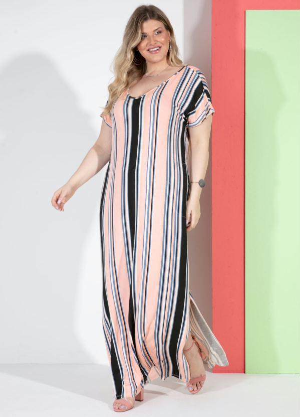 Quintess - Vestido Longo Soltinho com Fenda Listras Rosa 5