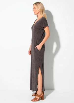 Quintess - Vestido Longo Soltinho com Fenda Mescla Chumbo - QUINTESS