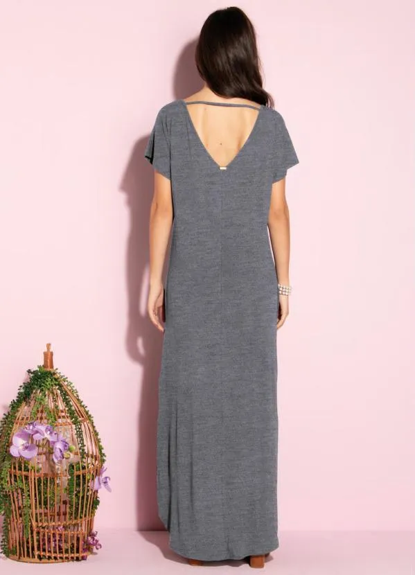 Quintess - Vestido Longo Soltinho com Fenda Mescla Chumbo 2