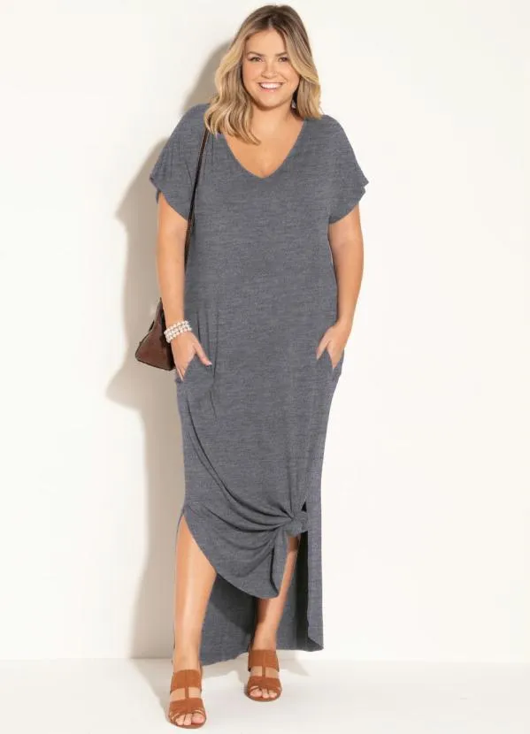 Quintess - Vestido Longo Soltinho com Fenda Mescla Chumbo 3