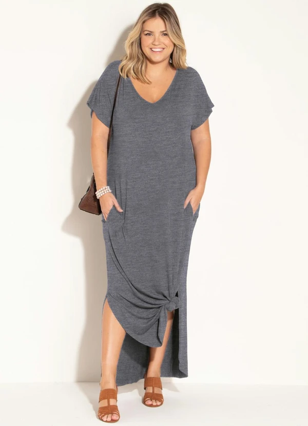 Quintess - Vestido Longo Soltinho com Fenda Mescla Chumbo 7