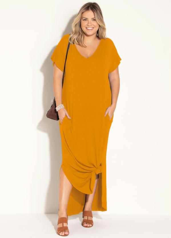 Quintess - Vestido Longo Soltinho com Fenda Mostarda 3