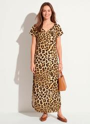 Vestido Longo Soltinho com Fenda Oncinha