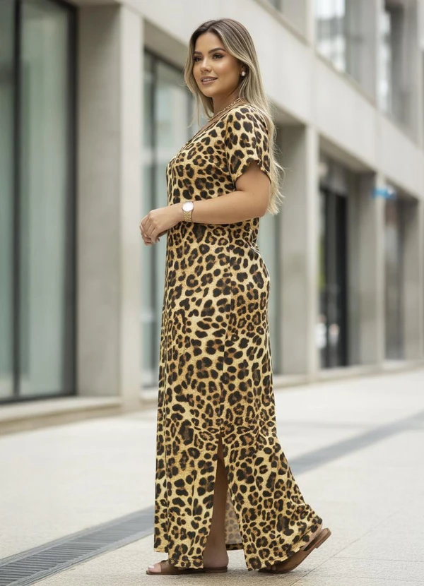 Quintess - Vestido Longo Soltinho com Fenda Oncinha 6