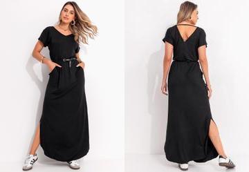 Vestido Longo Soltinho com Fenda Preto