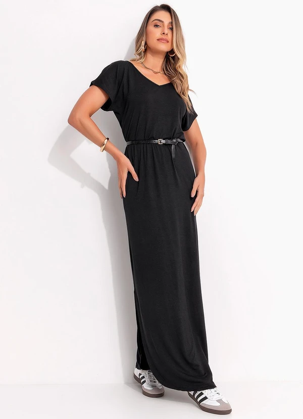 Quintess - Vestido Longo Soltinho com Fenda Preto 4