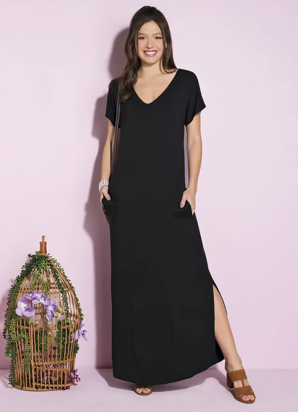 Quintess - Vestido Longo Soltinho com Fenda Preto