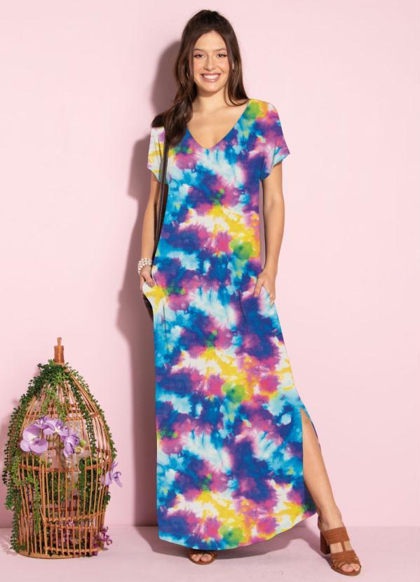 Quintess - Vestido Longo Soltinho com Fenda Tie Dye Azul