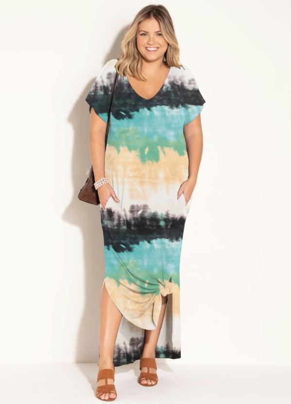 Quintess - Vestido Longo Soltinho com Fenda Tie Dye Verde 3