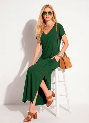 Quintess - Vestido Longo Soltinho com Fenda Verde - QUINTESS