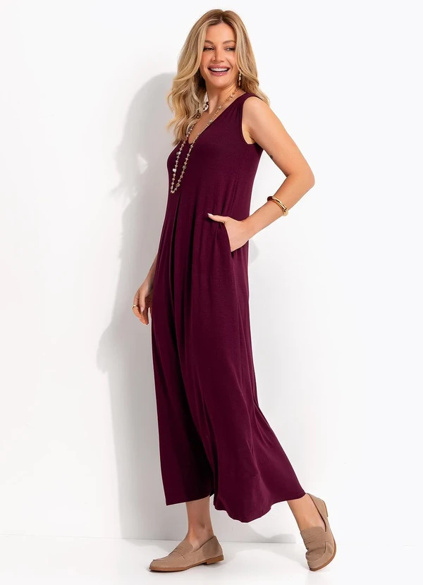 Quintess - Vestido Longo Soltinho de Malha com Bolsos e Decote V 2