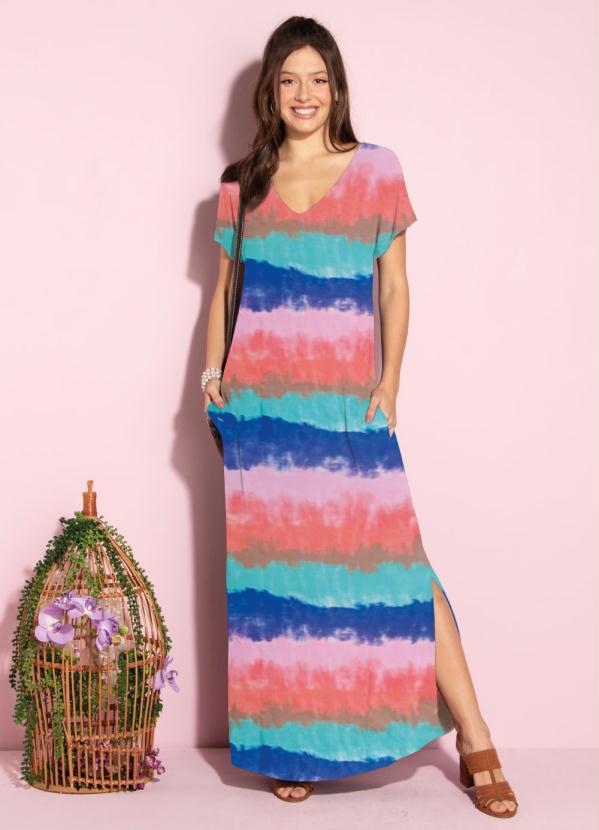 Quintess - Vestido Longo Soltinho Tie Dye Azul e Rosa