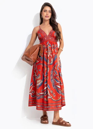 Farm - Vestido Longo Sonho de Pavão Vermelho - FARM