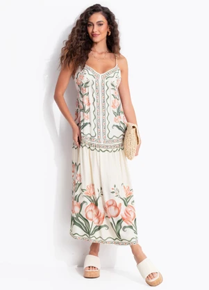 Farm - Vestido Longo Sonho de Tulipas Bege - FARM
