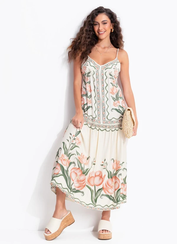 Farm - Vestido Longo Sonho de Tulipas Bege