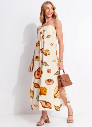 Farm - Vestido Longo Souvenir Mar Bege - FARM