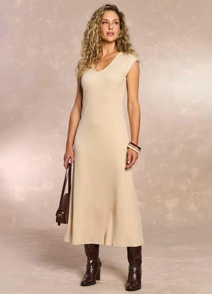 Doce Trama - Vestido Longo Suedine Manga Curta Bege - DOCE TRAMA