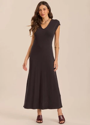 Doce Trama - Vestido Longo Suedine Manga Curta Preto - DOCE TRAMA