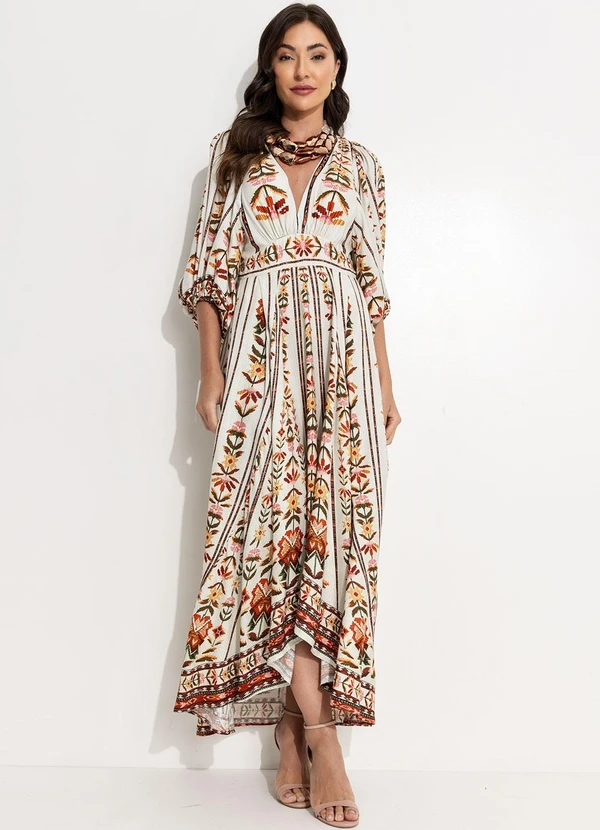 Farm - Vestido Longo Tapete de Cor Bege