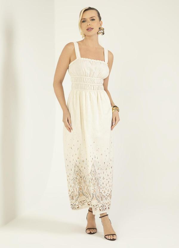 Gris - Vestido Longo Tecido Fluído Off White