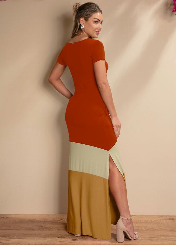 Quintess - Vestido Longo Telha/Bege/Caramelo com Bolsos 2
