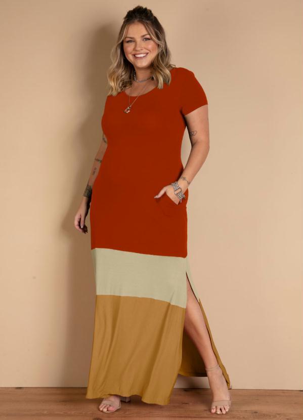 Quintess - Vestido Longo Telha/Bege/Caramelo com Bolsos 3