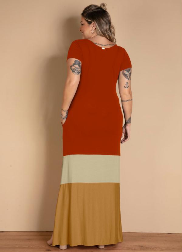 Quintess - Vestido Longo Telha/Bege/Caramelo com Bolsos 4