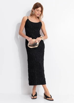 Farm - Vestido Longo Textura Preto - FARM
