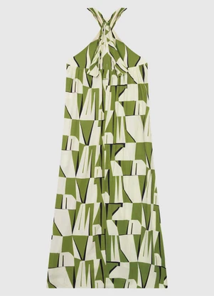Enfim - Vestido Longo Transpassado Geométrico Verde - ENFIM