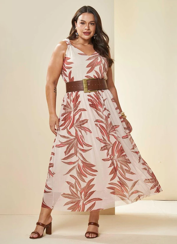 Doce Trama - Vestido Longo Tropical de Alça em Tule Estampado