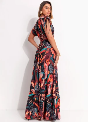 Quintess - Vestido Longo Tropical Preto com Amarrações - QUINTESS