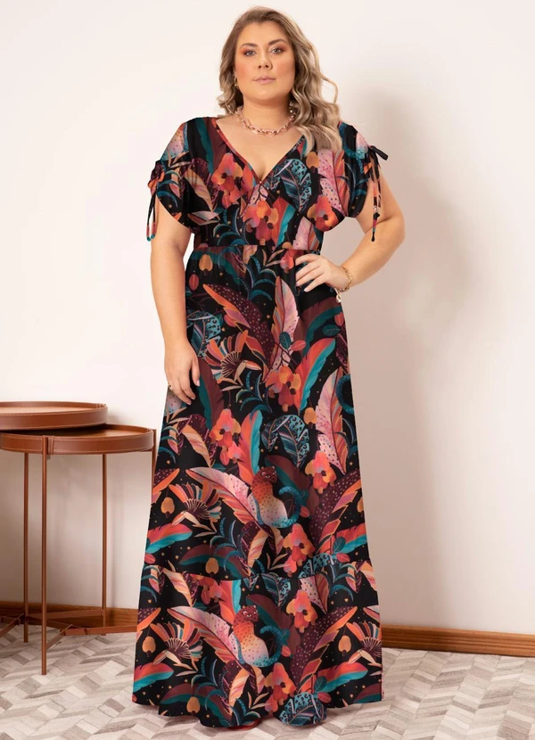 Quintess - Vestido Longo Tropical Preto com Amarrações 5