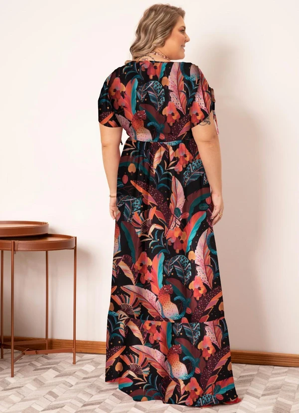 Quintess - Vestido Longo Tropical Preto com Amarrações 4