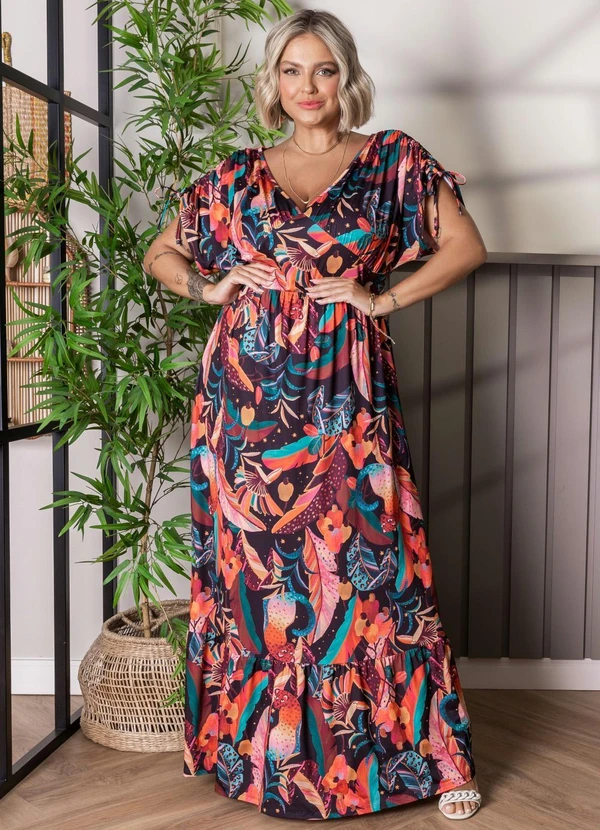 Quintess - Vestido Longo Tropical Preto com Amarrações 3