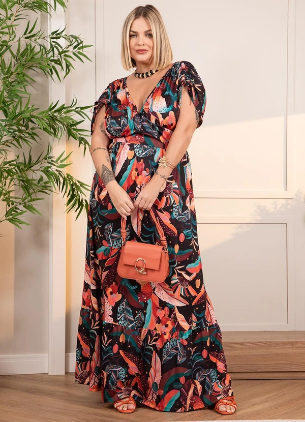 Quintess - Vestido Longo Tropical Preto com Amarrações 9