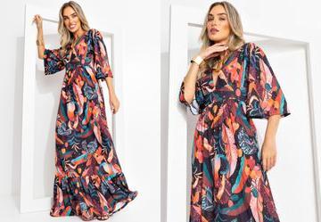 Vestido Longo Tropical Preto com Mangas Amplas