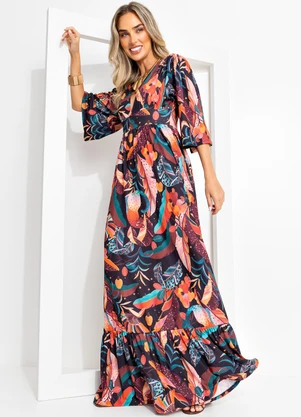 Vestido Longo Tropical Preto com Mangas Amplas Quintess