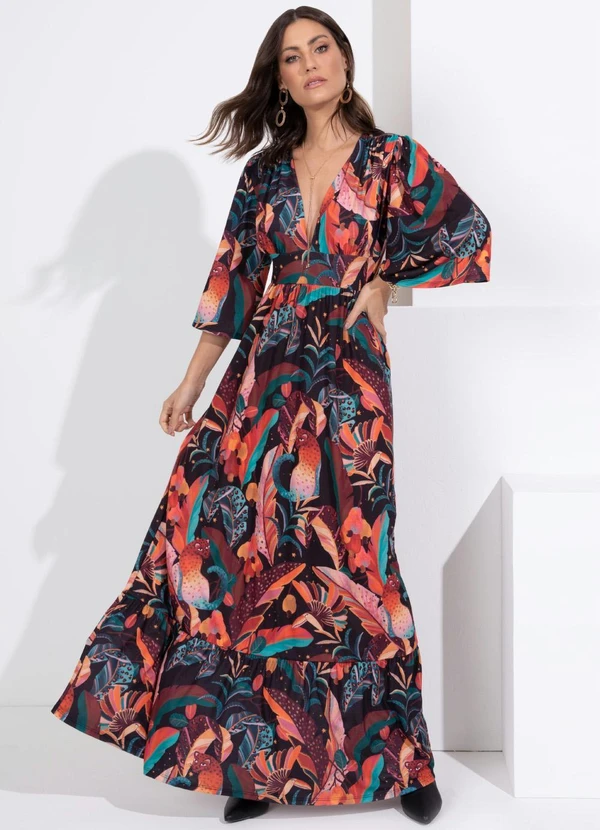Quintess - Vestido Longo Tropical Preto com Mangas Amplas 3
